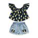 Toddler Outfit Sets For Teens Suit Summer Small Children One Shoulder Small Pineapple Print Tops Blue Shorts Girl S Kids Clothes Suit