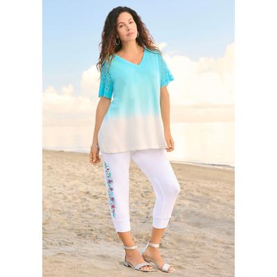 Plus Size Women's Lace-Sleeve Ombre Slub Tee by Roaman's in Ocean (Size 30/32)
