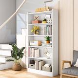 72-inch Bookcase, Modern 6-Tier White Bookshelf, Wood Display Shelf