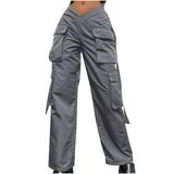 Mrat Flowy Pants for Women Full Length Pants Ladies Street Style Fashion Design Sense Multi Pocket Overalls Low Waist Sports Pants High Waisted Athletic Pants Gray S