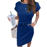 Cathalem Women Women s Tie Short Sleeve Summer Waist Dress T-Shirt Striped With Pockets Casual Women s Frame Dress Dress Blue Large