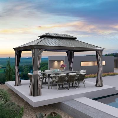 PURPLE LEAF Outdoor Galvanized Steel Hardtop Gazebo, Aluminum Frame Gazebo With Curtains