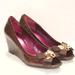 Coach Shoes | Coach Poppy Brown Patent Leather "Jayden Peeptoe" Wedge Heel Pumps Size 5m | Color: Brown/Gold | Size: 5