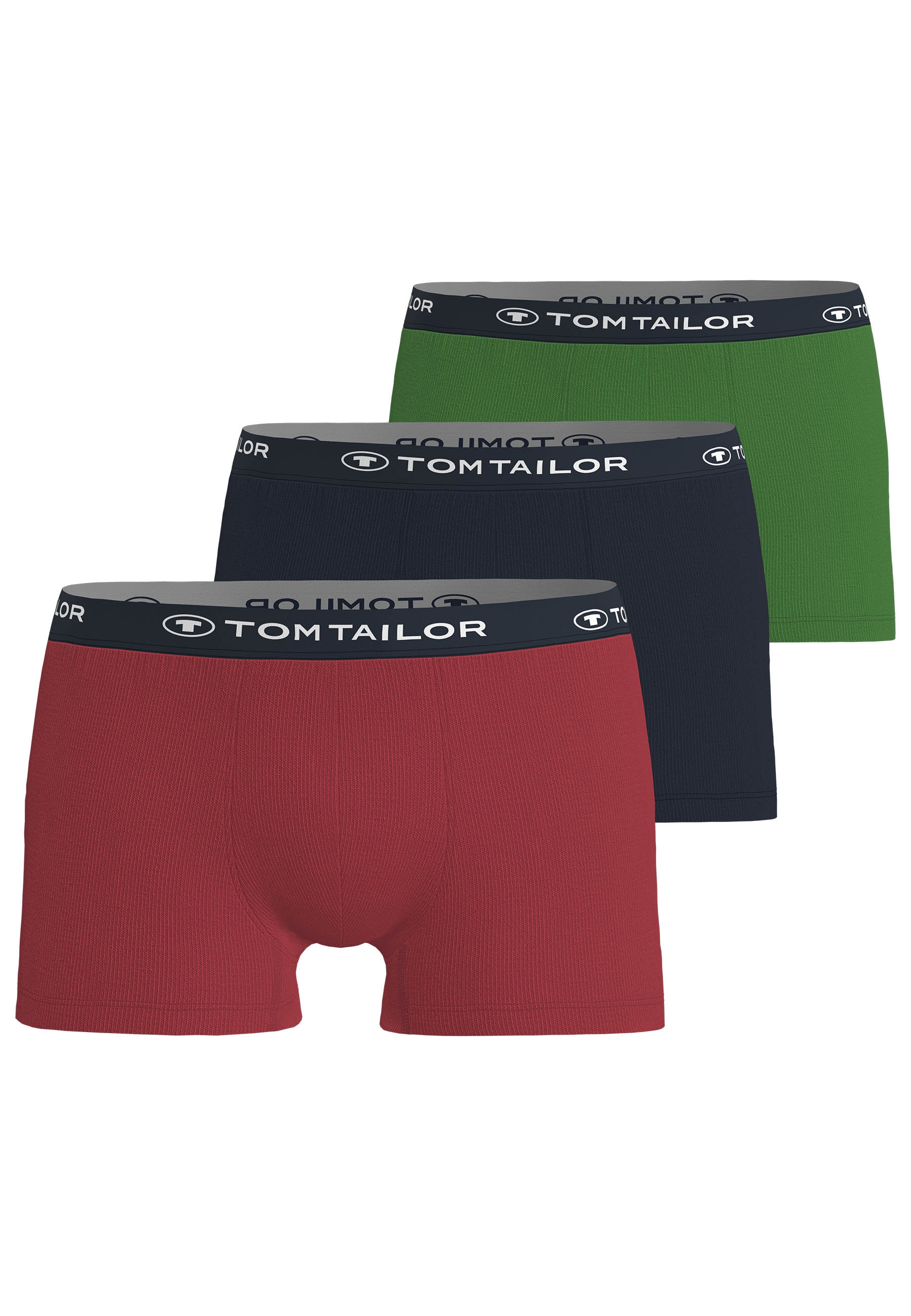 Boxershorts TOM TAILOR "Buffer", Herren, Gr. L, bunt (rot, navy, grün), Single Jersey, Obermaterial: 95% Baumwolle, 5% Elasthan, unifarben, bequem, Unterhosen, weich, bequem, basic, eng, Logobund, Baumwollmix