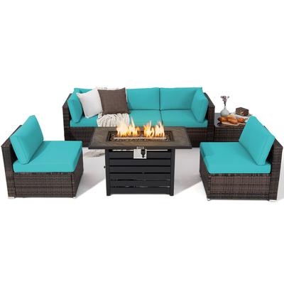 Gymax 7PCS Patio Rattan Furniture Set 42'' Fire Pit Table w/ Cover