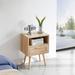 Modern Nightstand Rattan End table w/ Drawer and Solid Wood legs
