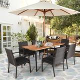 7Pcs Patio Rattan Cushioned Dining Set with Umbrella Hole - Table: 63" x 35.5" x 30"