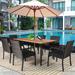 7Pcs Patio Rattan Cushioned Dining Set with Umbrella Hole - Table: 63" x 35.5" x 30"