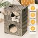 Pefilos 16.9 Inch 2-Tier Square Cat Condo Wicker Kitten House Rattan Cat Bed with Rattan Ball and Cushion Gray