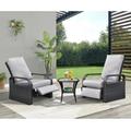 Arttoreal 3PCS Rattan Wicker Adjustable Recliner Chair with Cushion and Glass Top Side Table for Outdoor Patio Garden Grey