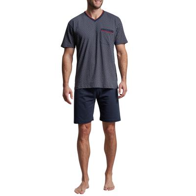 Shorty GÖTZBURG "Manhattan", Herren, Gr. 50 (M), blau (navy), Single Jersey, Obermaterial: 100% Baumwolle, bedruckt, gemustert, klassisch, bequem kniefrei, V-Ausschnitt, Kurzarm, Homewear-Sets, Kurzarm, V-Ausschnitt, kurze Hose, 100% Baumwolle, weich Image