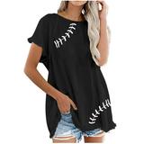 Wycnly Womens Tops Dressy Casual Summer Round Neck Baseball Striped Print Tees Baseball Striped Print Shirts Loose Soft Cotton Linen Fashion Tassel Pullover Blouses Black xl Clearance Under $5