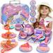 Tea Party Set for Little Girls 48 Piece Magical Unicorn Tea Set with Tin Teapot Cups Case and Desserts Pretend Play Kitchen for Kids Ages 3-6