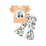 Qtinghua Toddler Baby Girls Easter Outfit Bunny Carrot Print Ruffle Short Sleeve Tshirt Top & Bell Bottoms Flare Pants Set Light Orange 2-3 Years
