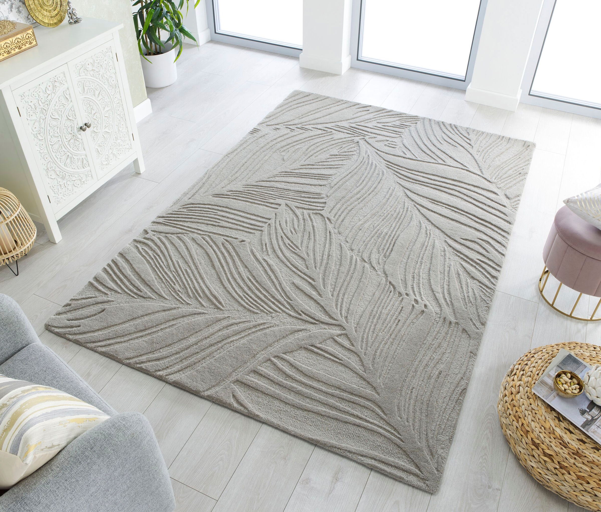 Wollteppich FLAIR RUGS "LINO LEAF", grau, B:160cm H:10mm L:230cm, Wolle, Teppiche, Hoch-Tief Effekt Image