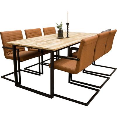 CirebonBL ensemble table, table teck et 6 Art chaises Similicuir pu marron. - teck,marron