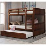 Full Over Full Bunk Bed with Twin Size Trundle, Solid Wood Bunkbed with Safety Guardrail and Ladder, Can Separated into 2 Beds