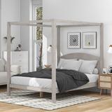 Modern Platform Bed with Headboard, Wood 4-Post Canopy Bed Frame with Support Legs, Poster Panel Bed for Kids Teens