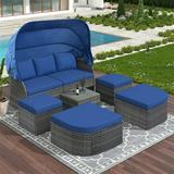 Outdoor Patio Daybed Sunbed Rattan Lounge With Retractable Canopy Wicker Rattan Separated Seating Sectional Sofa with Ottoman or Lift Top Coffee Table for Patio Lawn Garden Blue