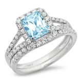 1.57ct Emerald Cut Blue Simulated Diamond Gem Real 18k White Gold Customizable Laser Engraving Halo Everlasting Unique Art Deco Statement Wedding Anniversary Engagement Bridal Ring Band Set Size 9.25