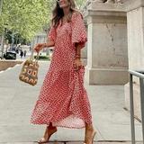 Puff Sleeve Boho Maxi Dress Elegant Women Summer 2022 Casual Floral Drawstring V-Neck Loose Holiday Beach Dresses Party Vestidos