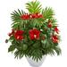 Bilot Hibiscus and Areca Palm Artificial White Bowl Silk Plants Red