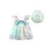 Qtinghua Infant Baby Girl Shell Print Dress Ruffle Straps Dress Sleeveless Off Shoulder Mesh Short Dress with Sun Hat Set Green 2T