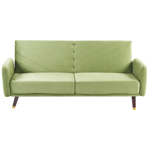 Sofa Olivgrün Samtstoff 3-Sitzer mit Schlaffunktion Armlehnen Holzbeinen Retro Glamourös Wohnzimmer Couch Schlafsofa