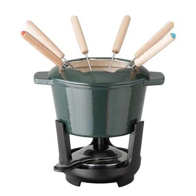 Enameled Cast Iron Fondue Pot 13 Piece Set in Green