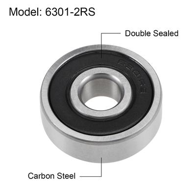 6301-2RS Deep Groove Ball Bearings Z2 12x37x12mm Double Sealed Carbon Steel 2pcs - 12mmx37mmx12mm