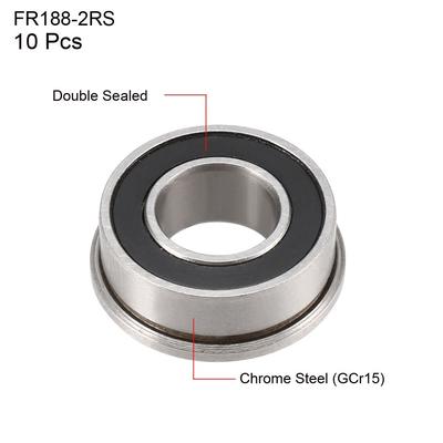 FR188-2RS Flange Ball 1/4"x1/2"x3/16" Double Sealed (GCr15) Bearings 10pcs - MF74ZZ (2Qty)