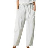 Mrat High Waisted Athletic Pants Full Length Pants Fashion Women Casual Summer Wear Pants Solid Color Cotton And Linen Trousers Workout Pants for Ladies White S