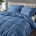 P Pothuiny 5 Pieces Satin Striped Duvet Cover Full/Queen Size Set, Luxury Silky Like Flint Blue Stripe Duvet Cover Bedding Set with Zipper Closure, 1 Duvet Cover + 4 Pillow Cases (No Comforter)