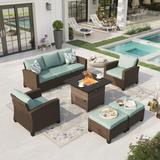 Sophia & William 6 Pieces Wicker Patio Furniture Set 9-Seat Outdoor Conversation Set with Fire Pit Table Blue