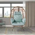 Outdoor Garden Rattan Wicker Hanging Chair Wicker Rattan Egg Swing Chair with Stand and Cushion for Outdoor Garden Indoor Bedroom Patio Blue