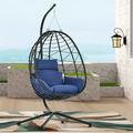 Swing Egg Chair with Stand Indoor Outdoor Wicker Rattan Patio Hanging Egg Chair with UV Resistant Cushions Hanging Basket Chair Hammock Chair for Bedroom Balcony Gardenï¼Œ 250lbs Capaticy Navy Blue