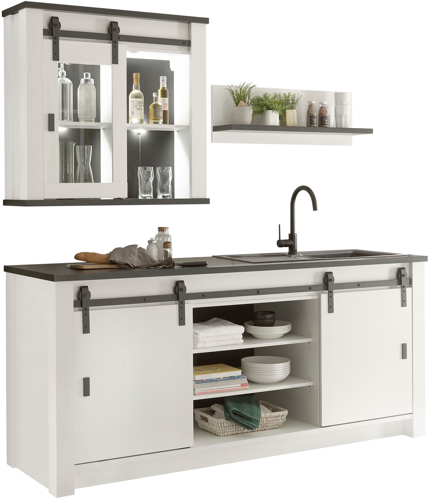 Küche HOME AFFAIRE "Sherwood", weiß (küche: weiß, korpus: pinie weiß, arbeitsplatte: anthrazit), B:201cm T:64cm, Komplettküchen-Sets, Küchenzeile, Breite 201 cm, ohne E-Geräte, Topseller