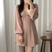 PIKADINGNIS Korean Fashion Short Dress for Women Solid Color Casual V-neck Knitting Dresses Spring Lantern Sleeve Mini Dress