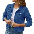 iOPQO womens sweaters Women s Basic Solid Color Button Down Denim Cotton Jacket With Pockets Denim Jacket Coat Women s Denim Jackets Dark blue M