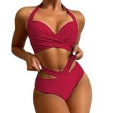 iOPQO swimsuit women Women Tow Piece Vintage Printing Swimsuit Two Piece Retro Halter Ruched Wrap Front High Waist Crop Tops+Shorts Two Piece Swimwear Halter Tankini Swimwears Tankinis Set Red XXL