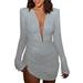 Canrulo Womens Glitter Sexy Deep V Neck Dress Long Sleeve Low Cut Bustier Ruched Bodycon Dress Cocktail Night Party Clubwear Light Gray L