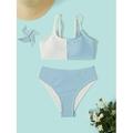 Girls Two Tone Textured Bikini Swimsuit Swimwear S221904X Blue and White 9Y(53IN)