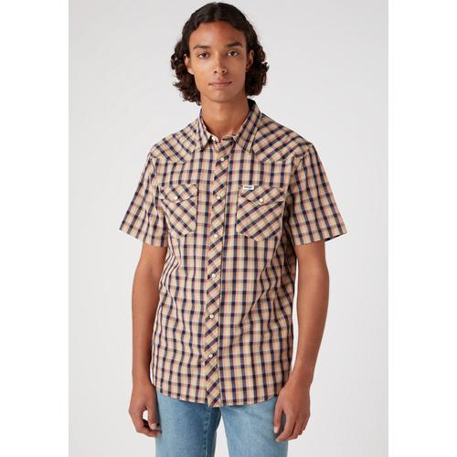 „Karohemd WRANGLER „“Western““ Gr. XL, N-Gr, braun (tobacco brown) Herren Hemden Kurzarm“