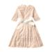 Penkiiy Toddler Girls Lace Princess Dress Round Neck Bow Lacing Hollow Embroidery Children s Dress Easter Dresses for Toddler Girls 2-3 Years Beige On Sale