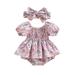 Baby Girl Smocked Romper Dress Floral Short Puff Sleeve Off Shoulder Ruched Jumpsuit Bodysuit with Headband (Pink-Purple 0-3 Months)