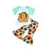 Qtinghua Toddler Baby Girls Summer Clothes Short Sleeve T-shirt Top Floral Flared Bell-Bottom Pants Outfits Yellow-Green 4-5 Years