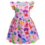 YDOJG Girls Dresses Summer Dress Dress Cotton Dress Animal Dinosaur Print Dress For 3-4 Years