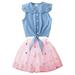TAIAOJING Baby Girls Sleeveless Sleeve Dress Summer Korean Version Of Foreign Trade Denim Embroidered Lapel Top Princess Mesh Skirt Two Piece Set For 7-8 Years