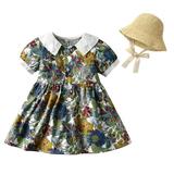 ZHAGHMIN Teen Girl Dresses Kids Toddler Baby Girls Spring Summer Floral Cotton Short Sleeve Princess Dress Hat Clothes Melon Dress Fir Kids 2Yrs Girls Dress With Cardigan Vintage Girl Dress Dress Ba