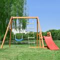 Wooden Swing Set Outdoor Swing Set with Swing Climb Swing and Slide Outdoor Play Set for Small Yards and Younger Children Wooden Swing-N-Slide Set Kids Climbers Red & Natural